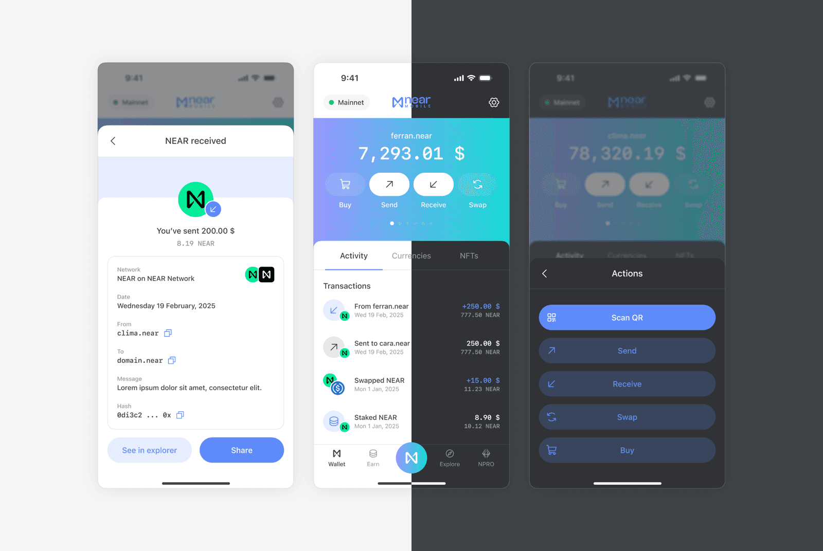 Main views of the NEAR Mobile app